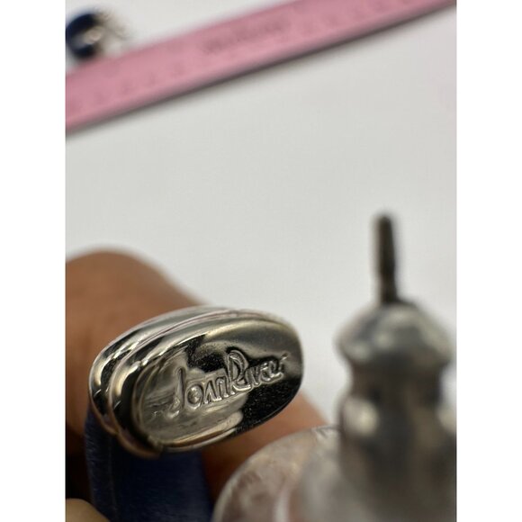 Joan Rivers Hoop Earrings Silver Tone Blue Leather Post Chunky Pierced 0.50" - Picture 5 of 7